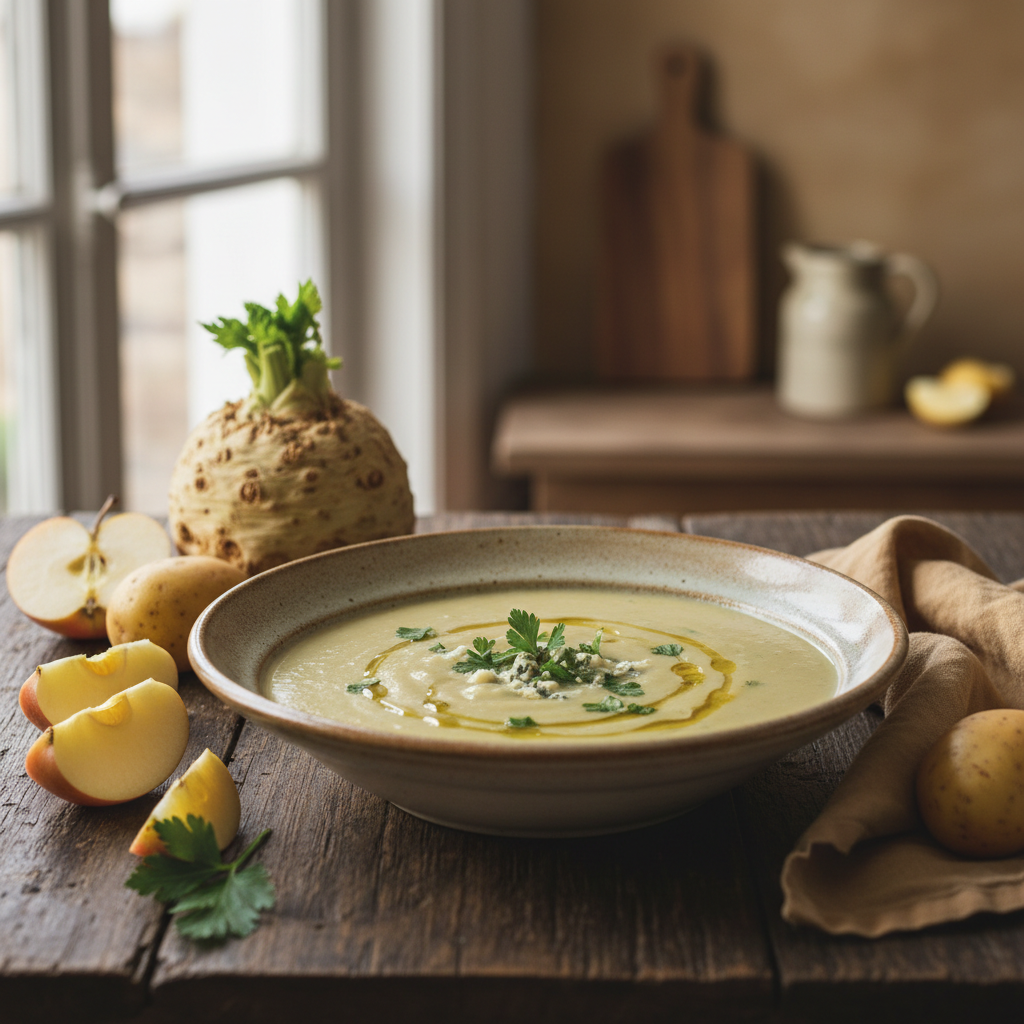 Soupe céleri-rave, pomme et roquefort