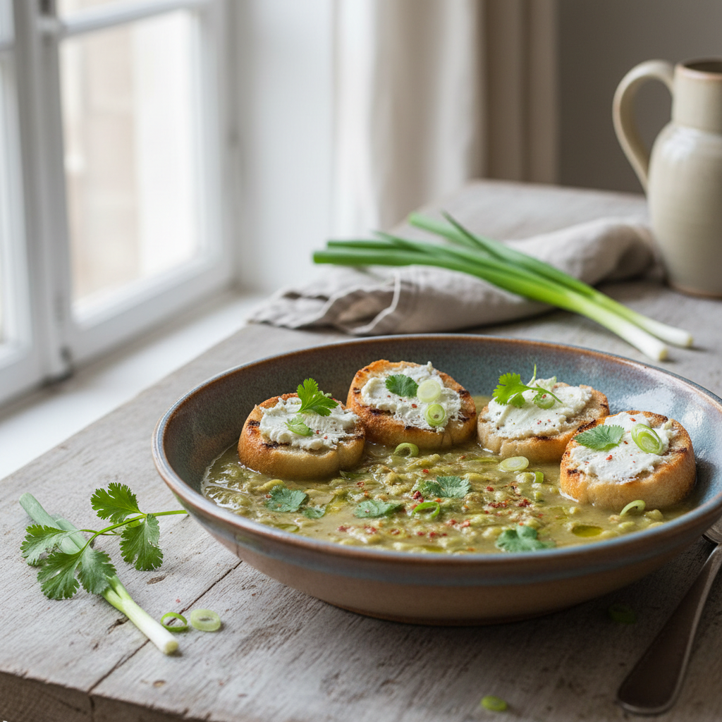 Soupe de fèves aux cébettes, petits croûtons aillés au fromage frais