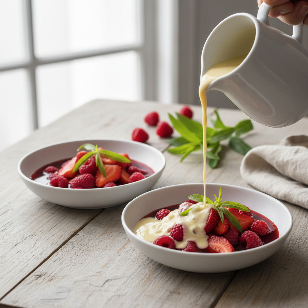 Soupe de fraises et de framboises à la crème anglaise parfumée de verveine