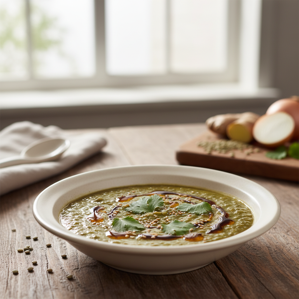 Soupe de lentilles vertes au gingembre, aux oignons et à la coriandre