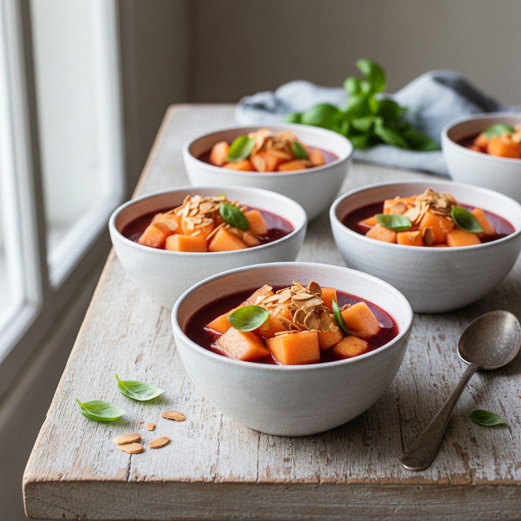 Soupe de melon aux amandes grillées et pineau des Charentes