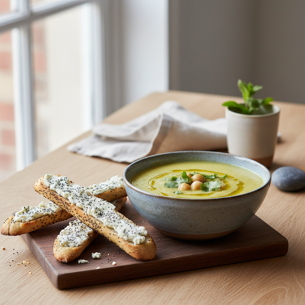 Soupe de pois chiches au cumin, mouillettes au fromage de brebis