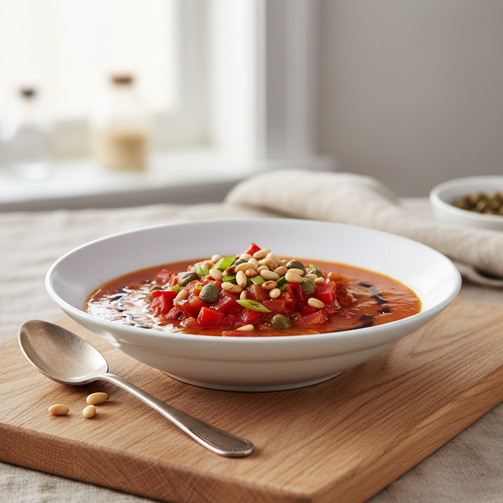 Soupe de poivrons grillés aux câpres et aux pignons
