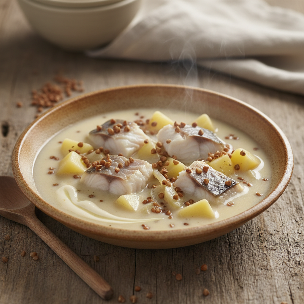 Soupe de pommes de terre, haddock, céleri et sarrasin grillé