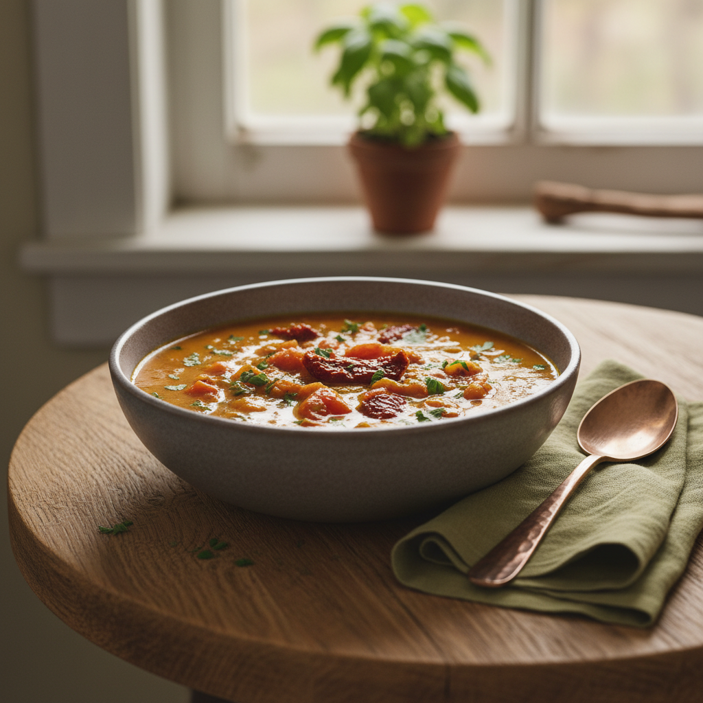 Soupe des dernières tomates de la saison au curcuma et aux tomates séchées