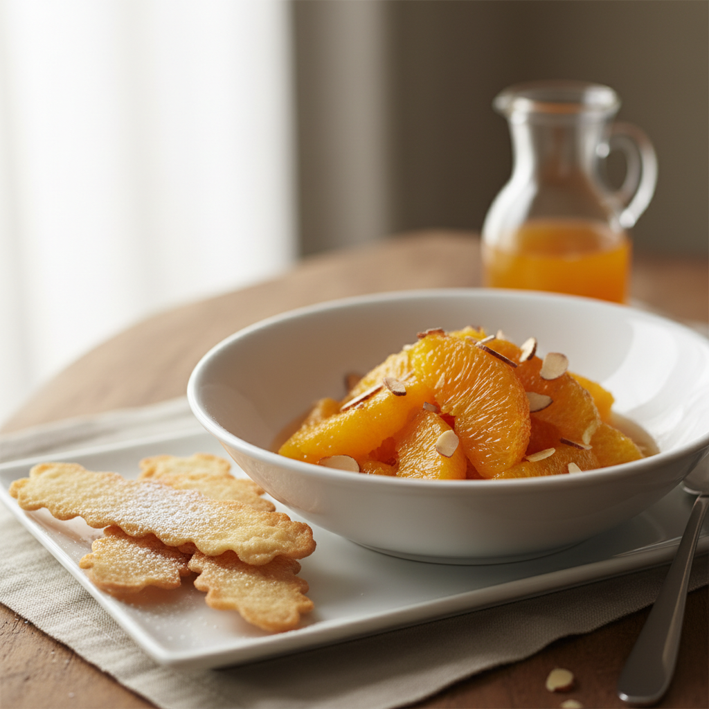 Soupe d'orange à l'eau de fleur d'oranger et à la cannelle, tuiles aux amandes