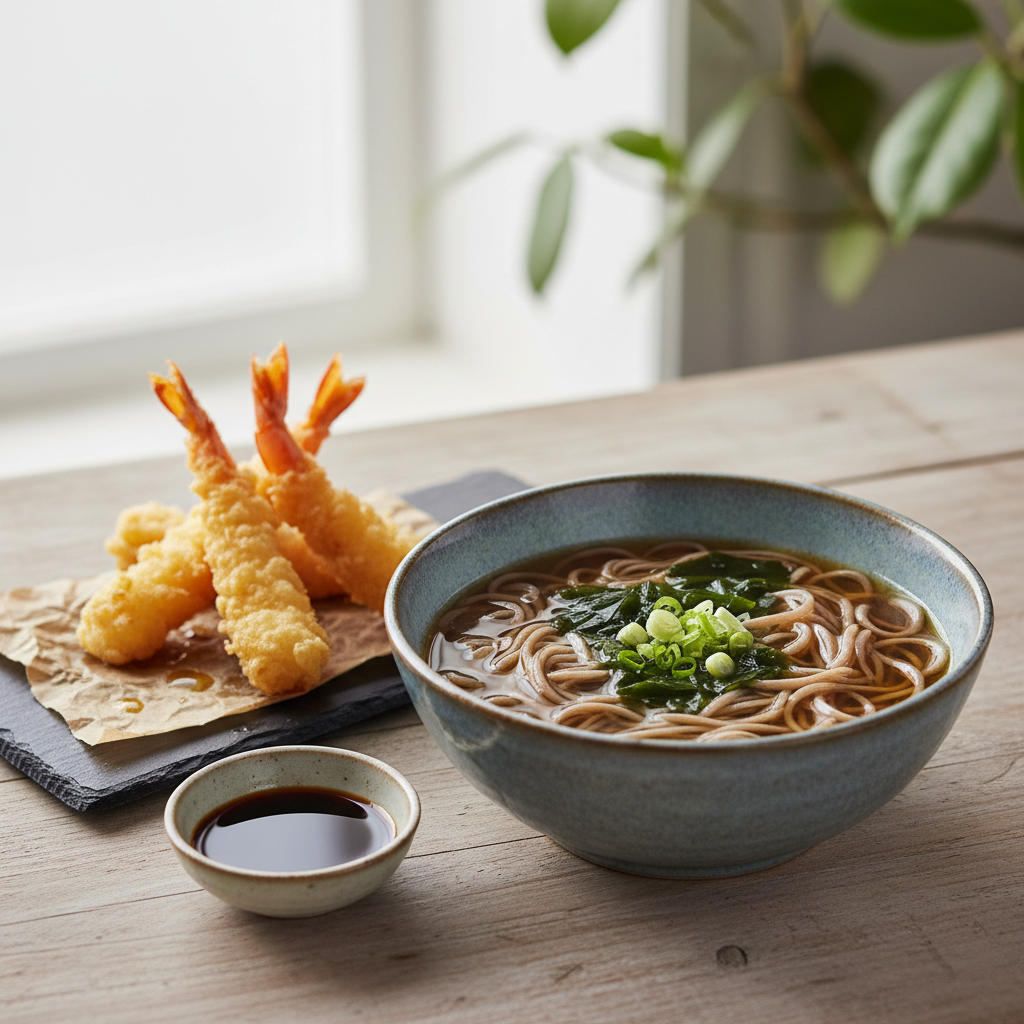 Soupe japonaise aux soba et tempura de crevettes