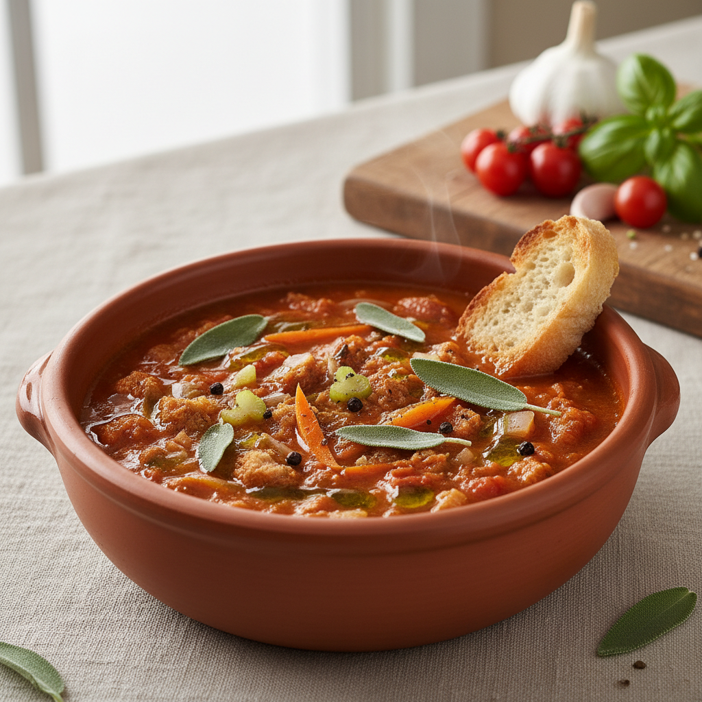 Soupe paysanne très aromatique, au pain et à la tomate