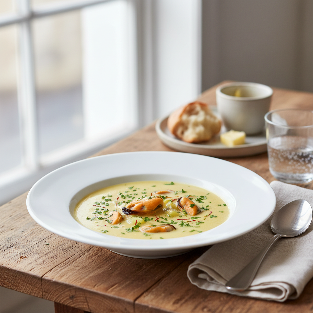 Soupe safranée aux poireaux et aux moules