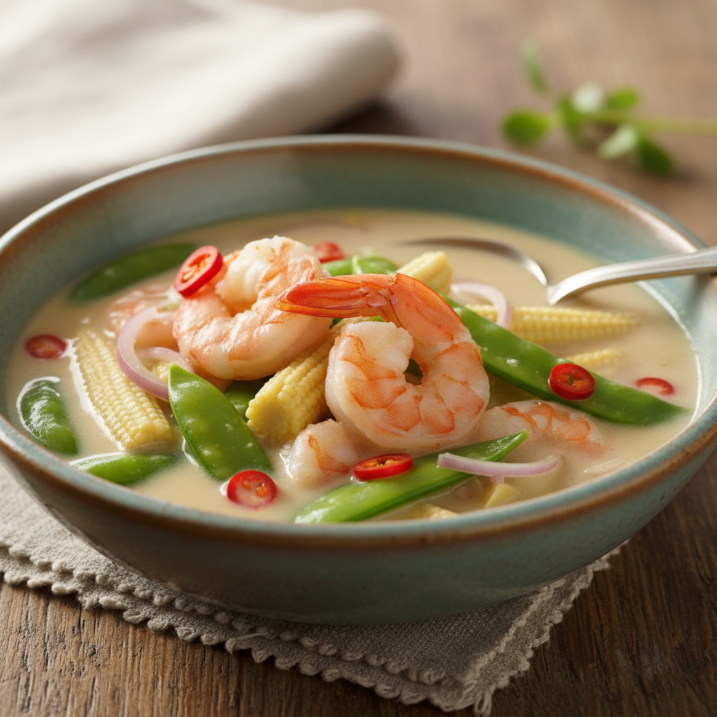 Soupe thaïe aux crevettes, pois gourmands et mini-maïs
