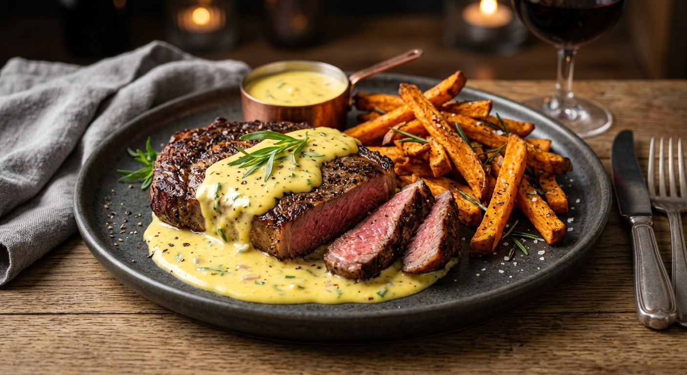 Steak sauce béarnaise et frites de patates douces
