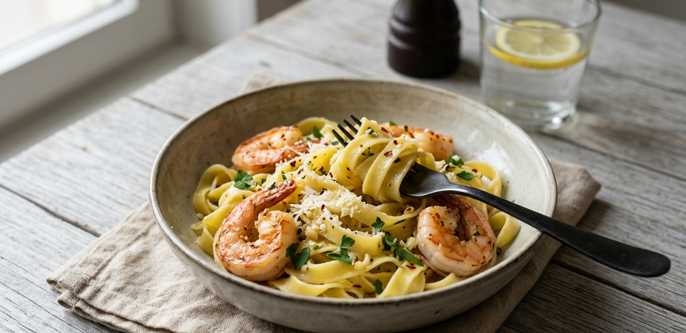 Tagliatelles crevettes & ail