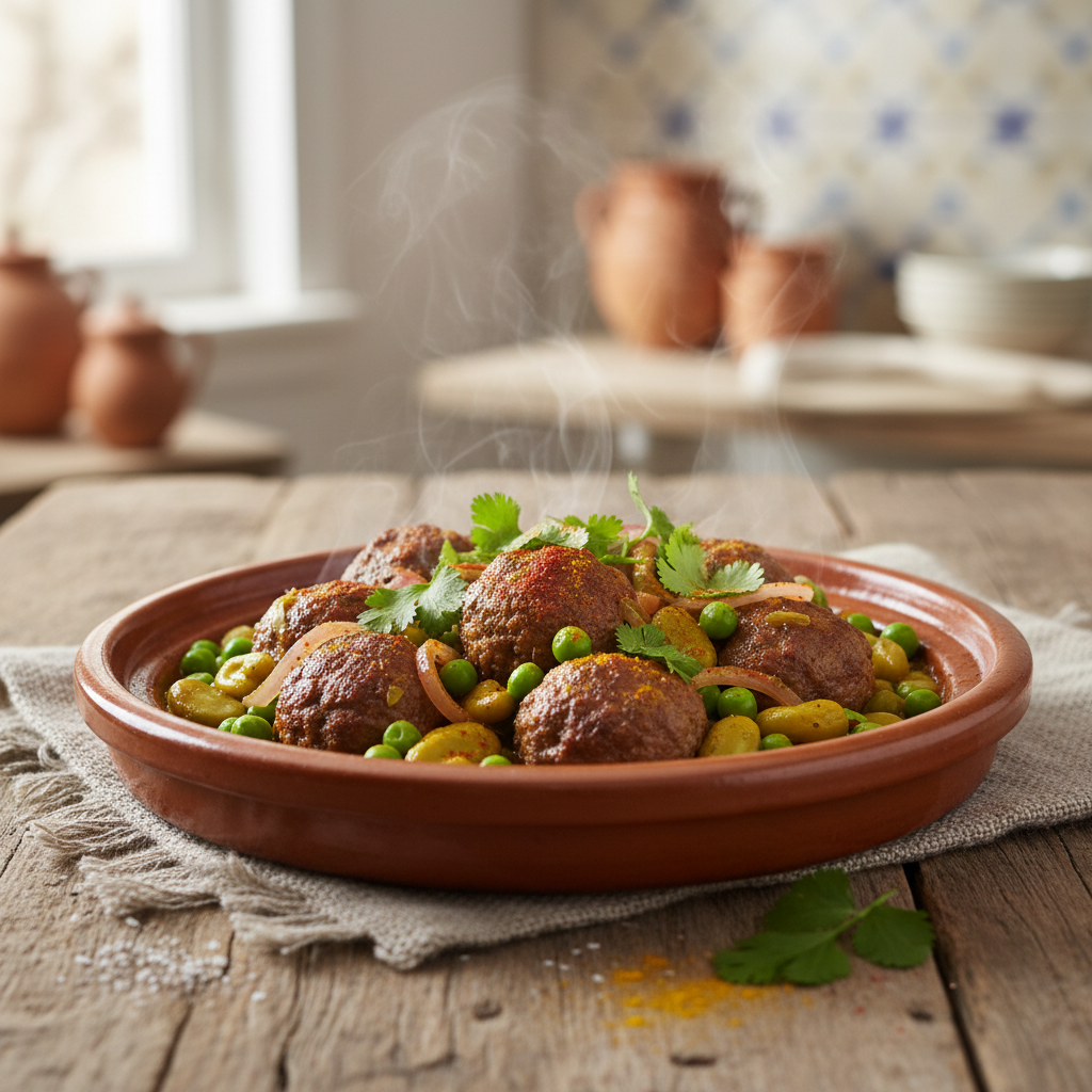 Tajine de kefta aux fèves & petits pois