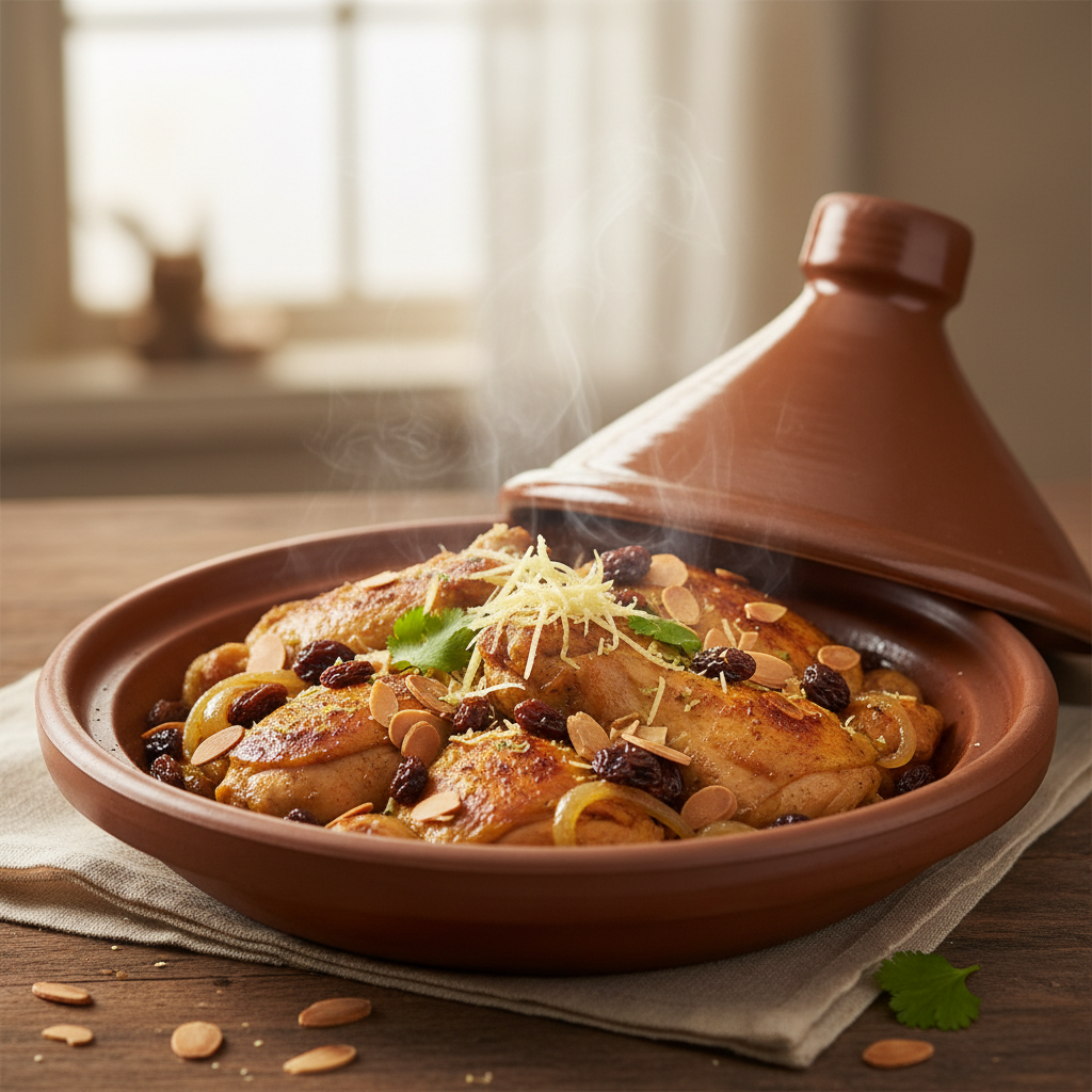 Tajine de poulet aux amandes et raisins secs