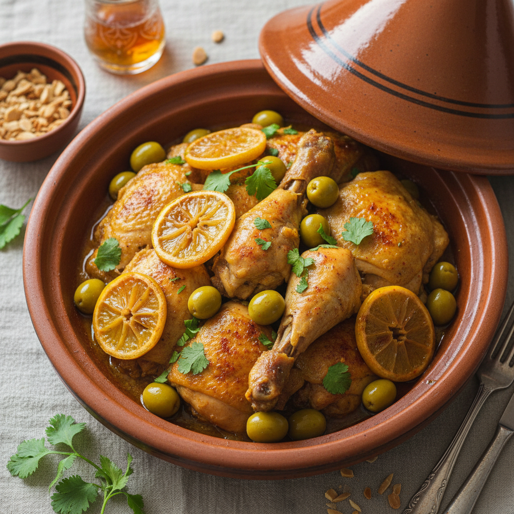 Tajine de poulet aux olives et aux citrons confits