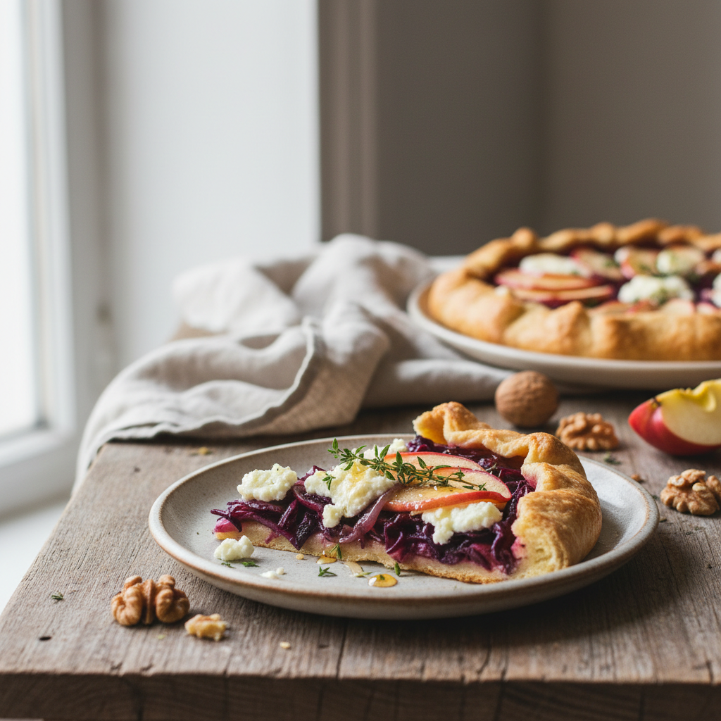 Tarte rustique au chou rouge, chèvre & pomme
