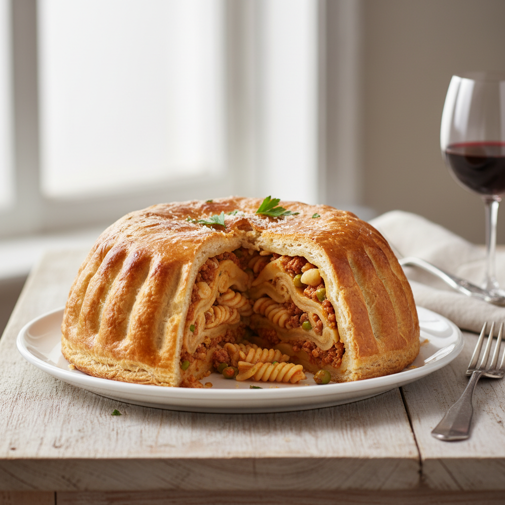 Timbale du prince de Lampedusa : pâtes farcies en croûte de pâte brisée levée
