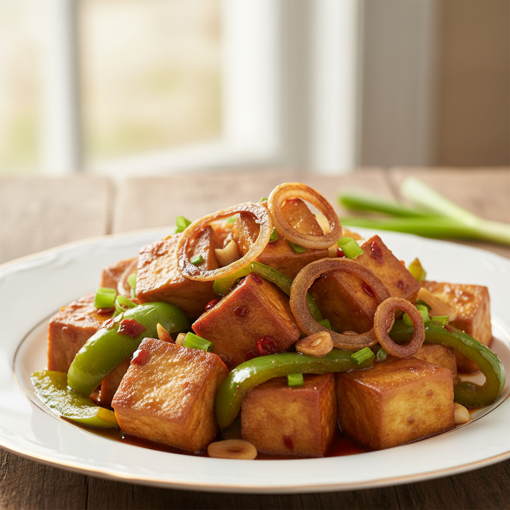 Tofu à la sauce de soja, aux poivrons verts et aux oignons croquants