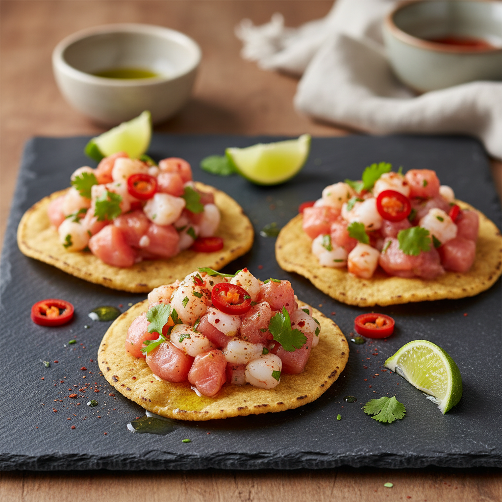 Tostadas de tartare de truite et crevettes