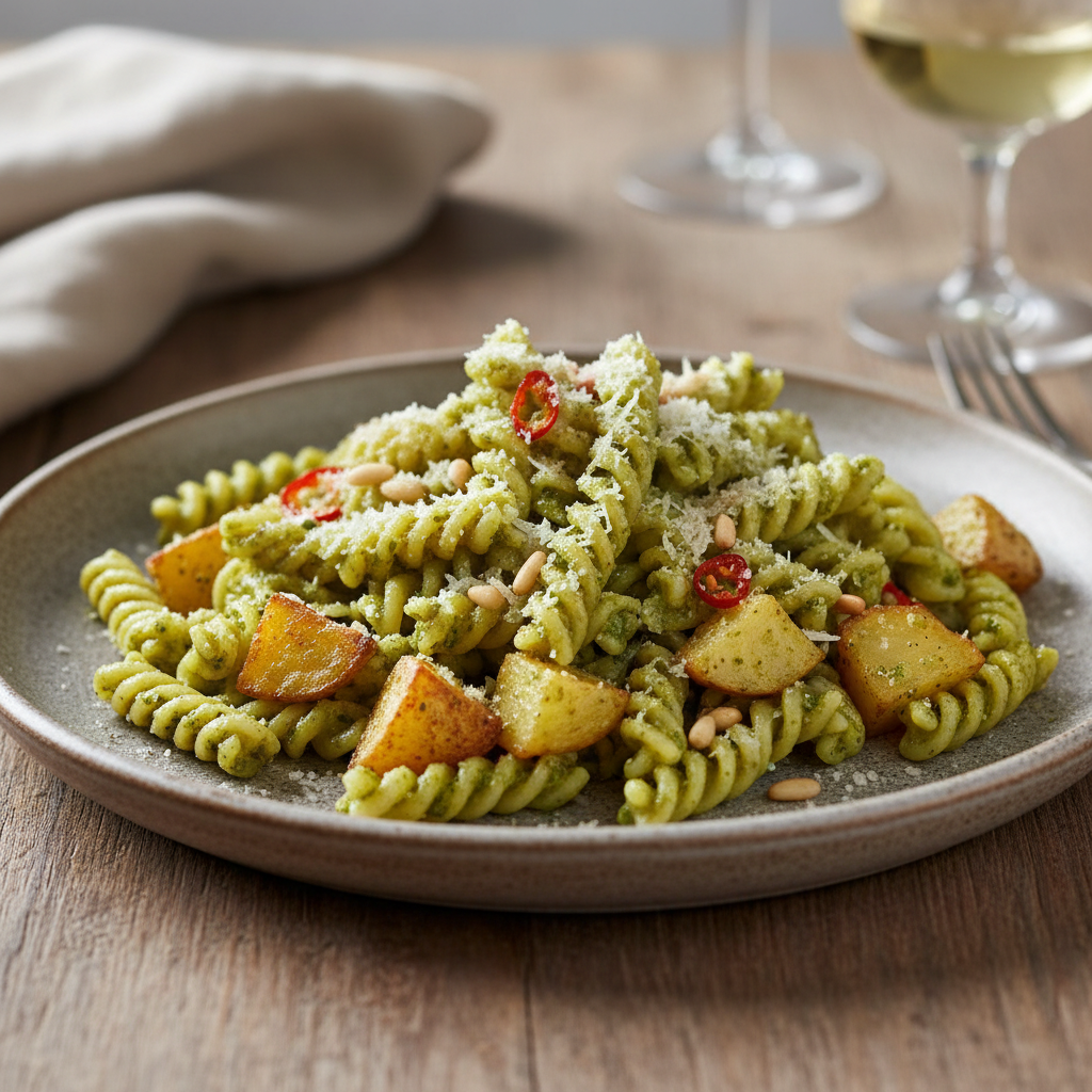 Trofie au pesto de basilic, pignons et petites pommes de terre croquantes