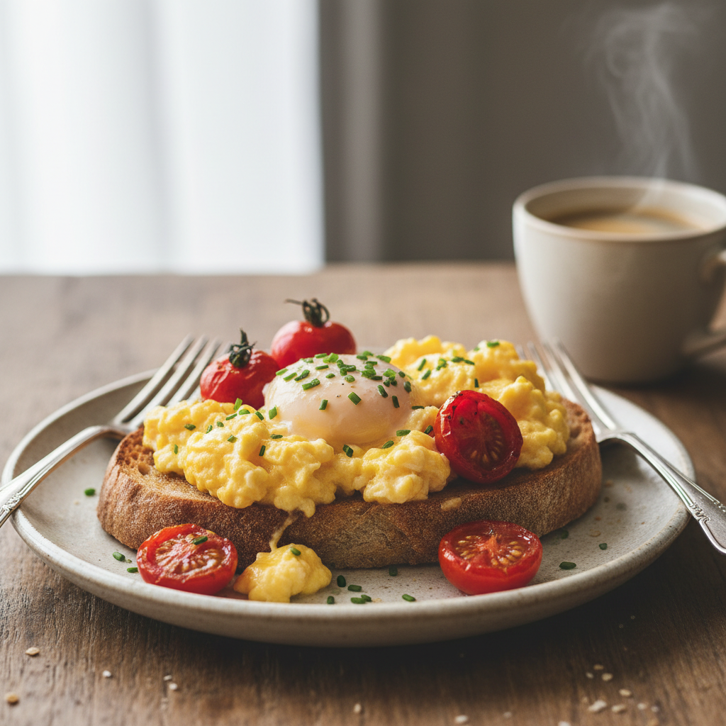 Oeufs brouillés et tomates cocktail rôties