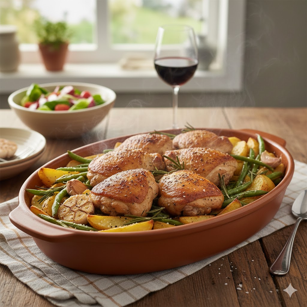 Poulet, pommes de terre et haricots verts