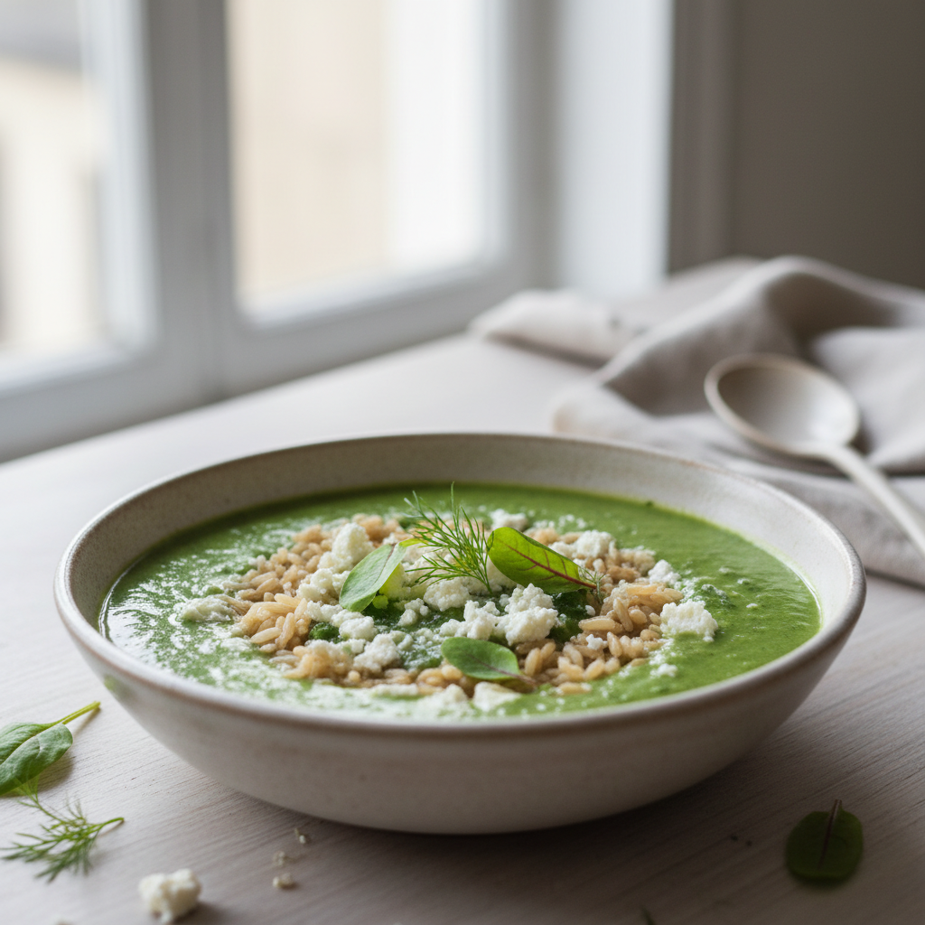 Velouté aux épinards, oseille, aneth et riz complet