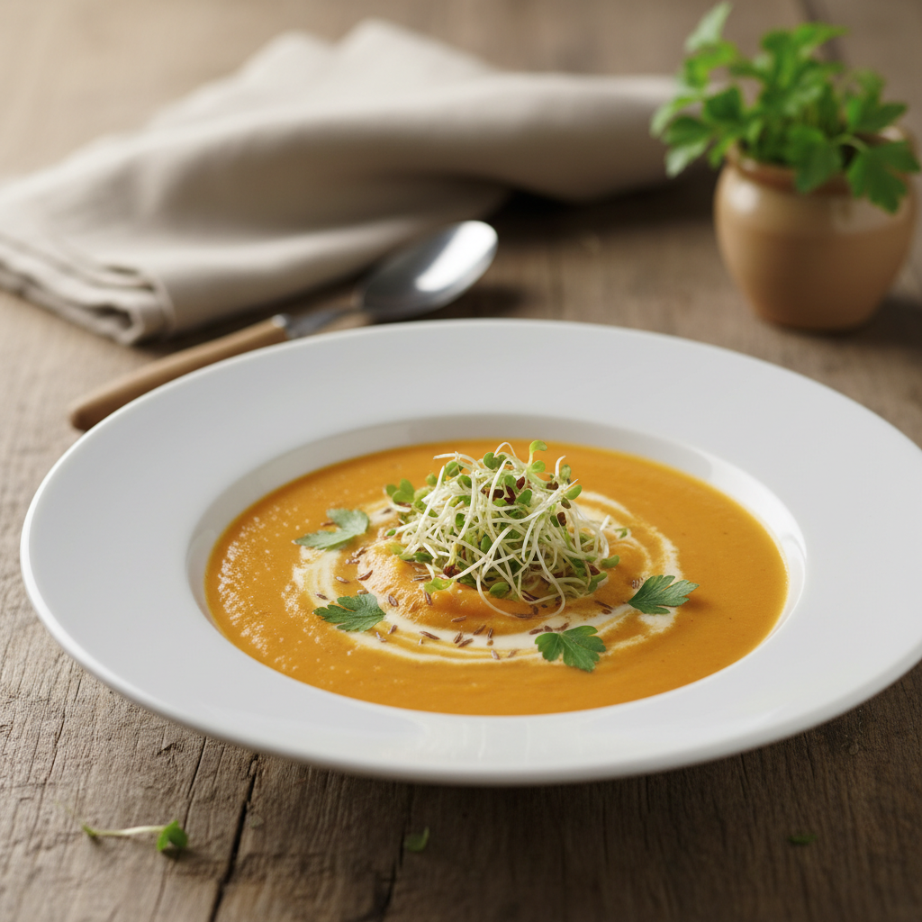 Velouté de carottes nouvelles au cumin et petites pousses