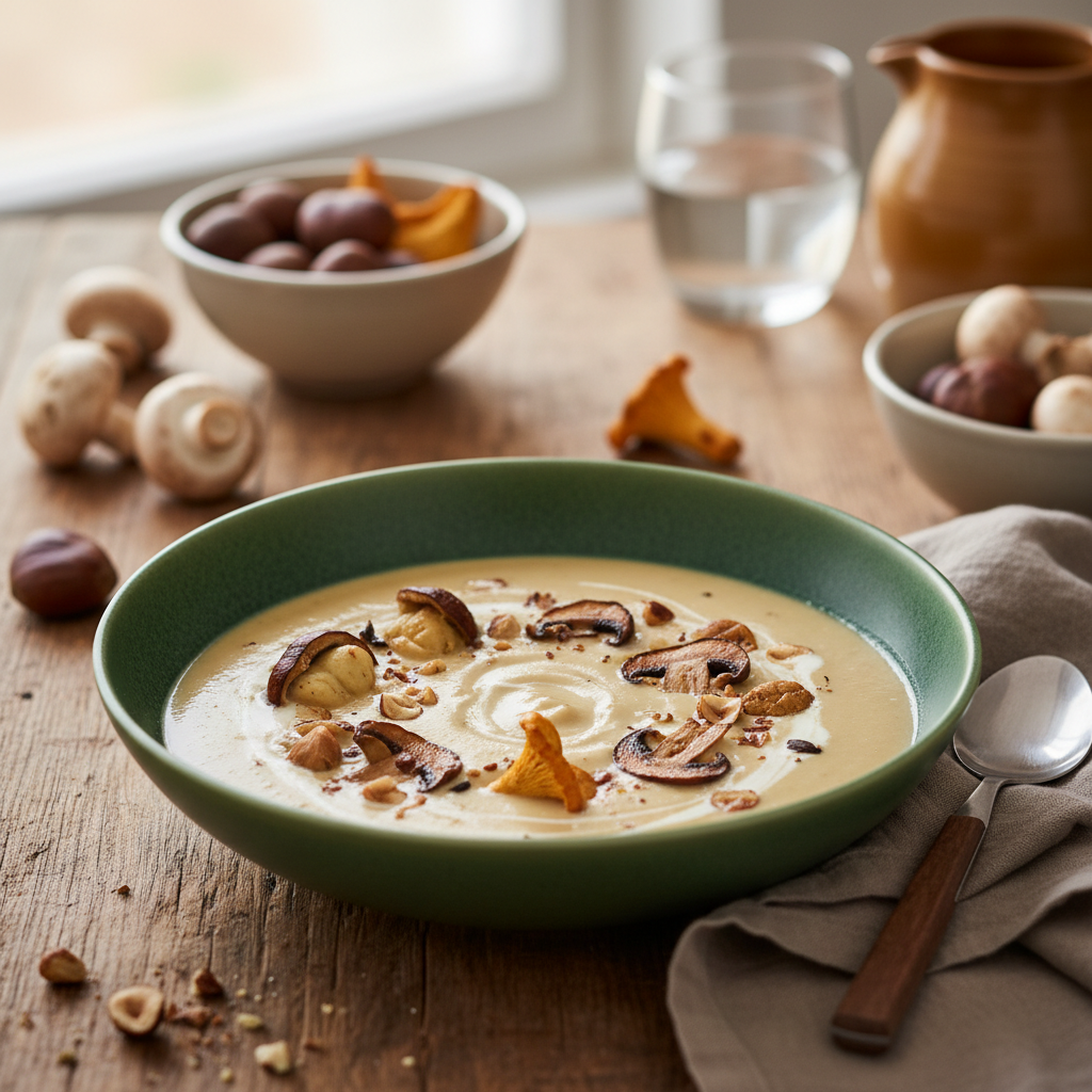 Velouté de champignons mélangés, châtaignes et noisettes grillées