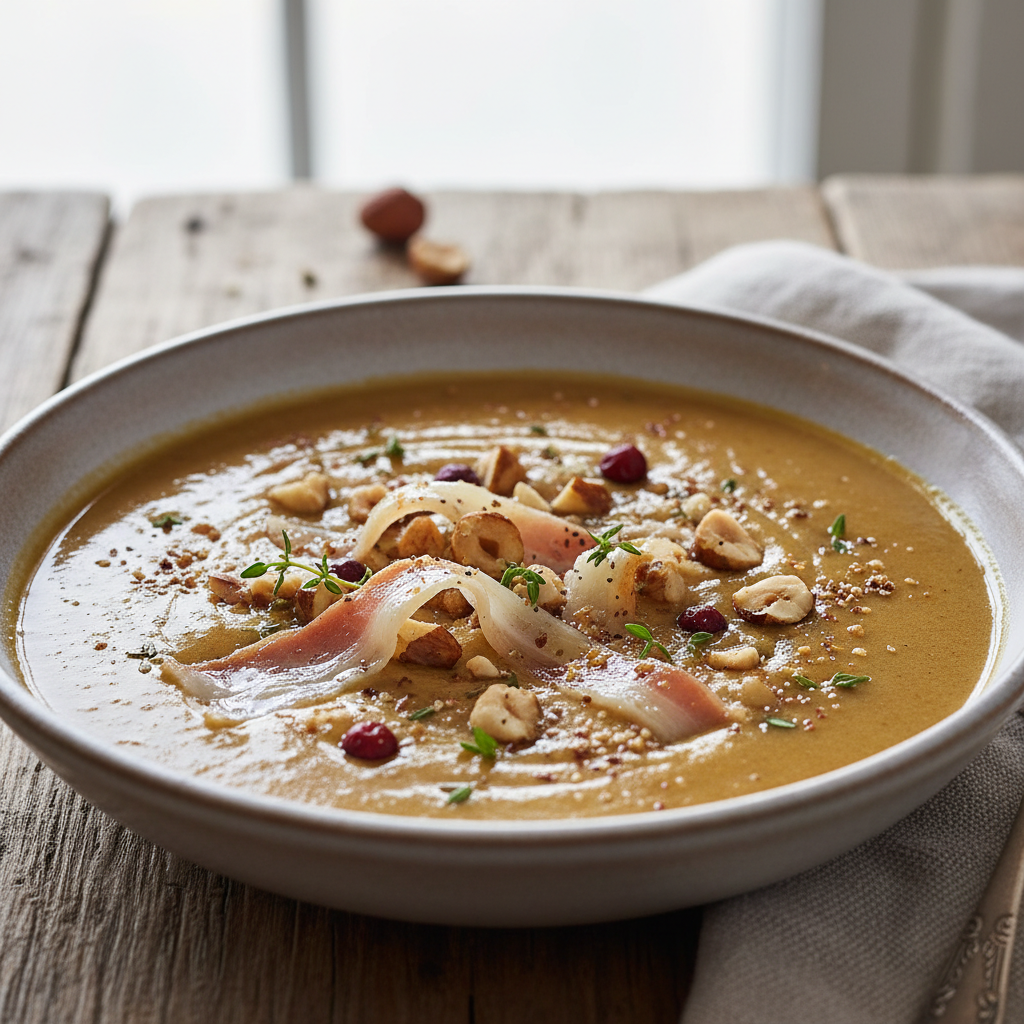 Velouté de châtaignes aux noisettes et au lard de Colonnata