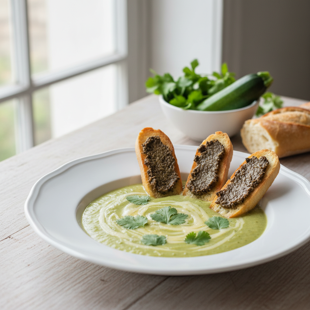 Velouté de courgette au fromage fondant et mouillettes à la tapenade