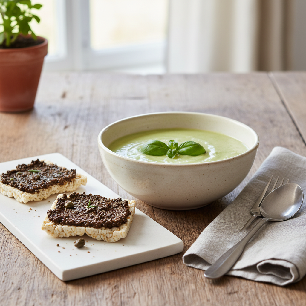 Velouté de courgettes au basilic, galettes à la tapenade