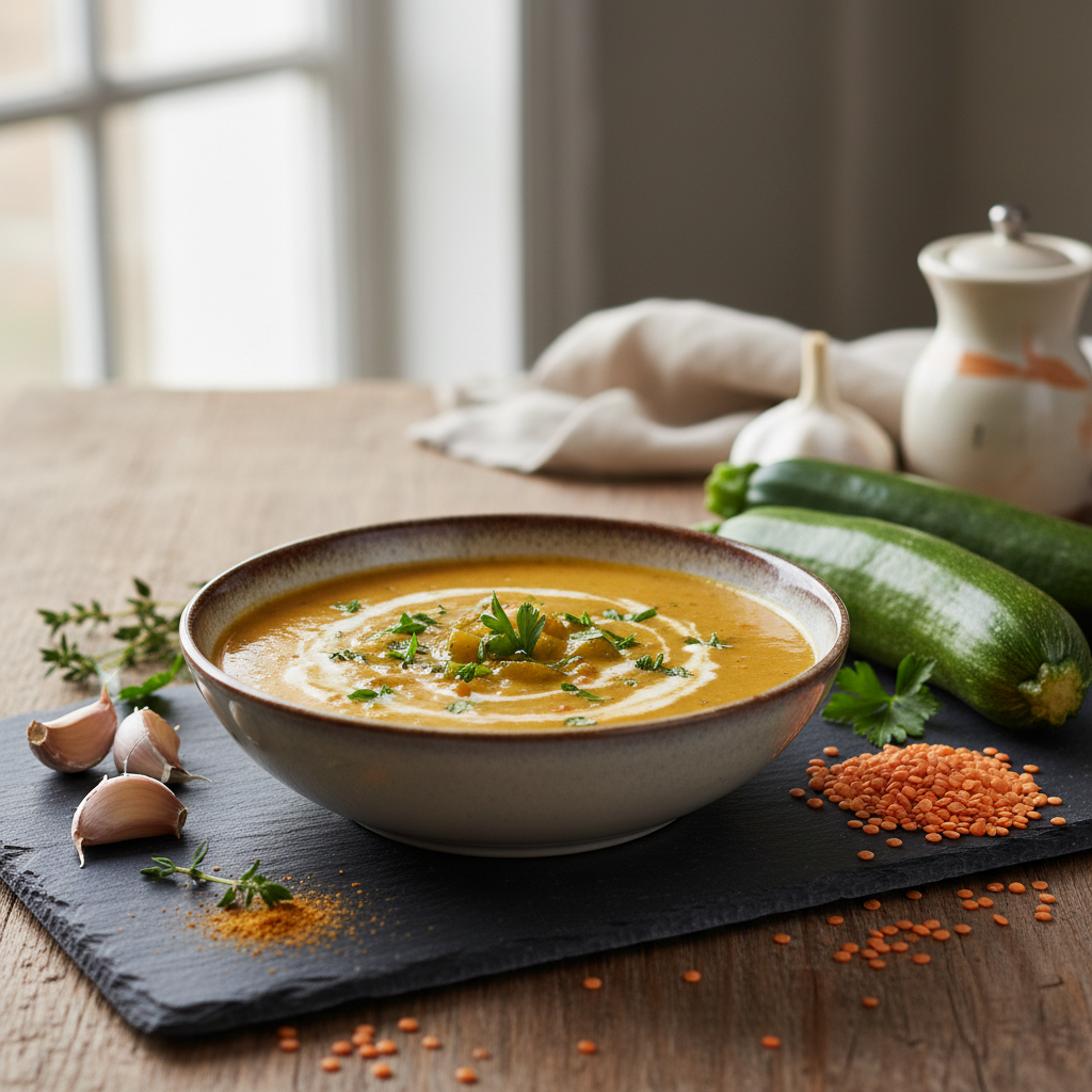Velouté de courgettes & lentilles corail au colombo