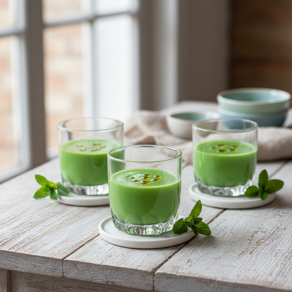 Verrines de soupe froide de petits pois à la menthe