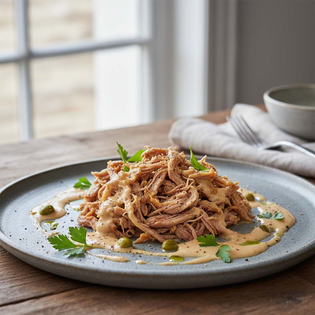 Vitello tonnato à ma façon : émietté de veau juste poêlé, sauce au thon
